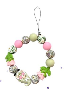 Pink & Green Floral Silicone Bead Phone Wristlet/Charm